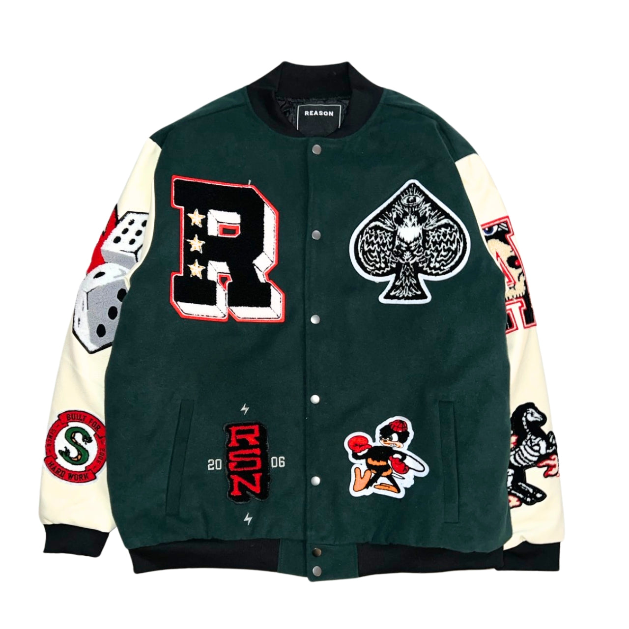 REASON/GREEN-SPOILER VARSITY JACKET